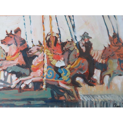 86 - ROSS FOSTER (XX). Impressionist study of figures on a merry-go-round, signed lower right, oil on boa... 