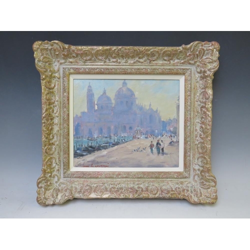 87 - JOHN W. GOUGH (XX). Impressionist Venetian scene with figures and moored gondolas, signed lower left... 