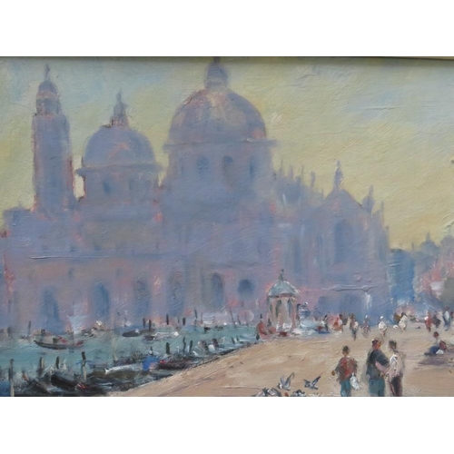 87 - JOHN W. GOUGH (XX). Impressionist Venetian scene with figures and moored gondolas, signed lower left... 