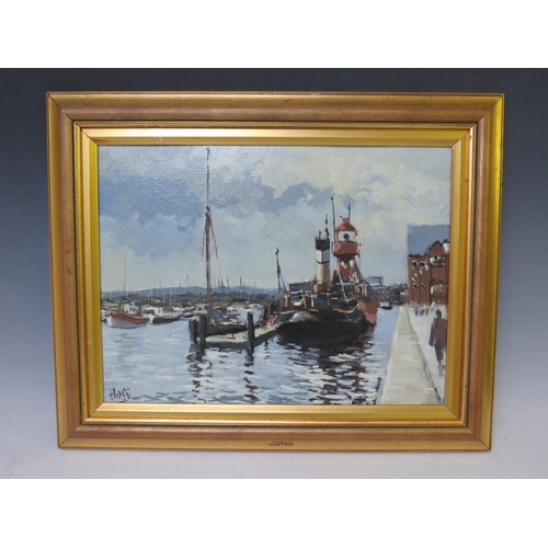 89 - (XX). An impressionist harbour scene with numerous sailing vessels and figures, indistinctly signed ... 