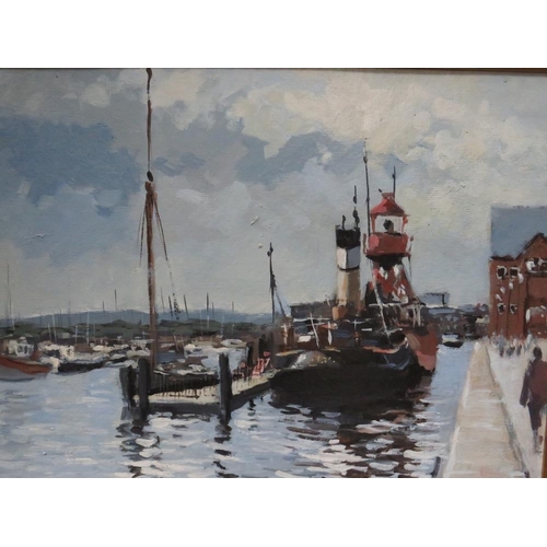 89 - (XX). An impressionist harbour scene with numerous sailing vessels and figures, indistinctly signed ... 