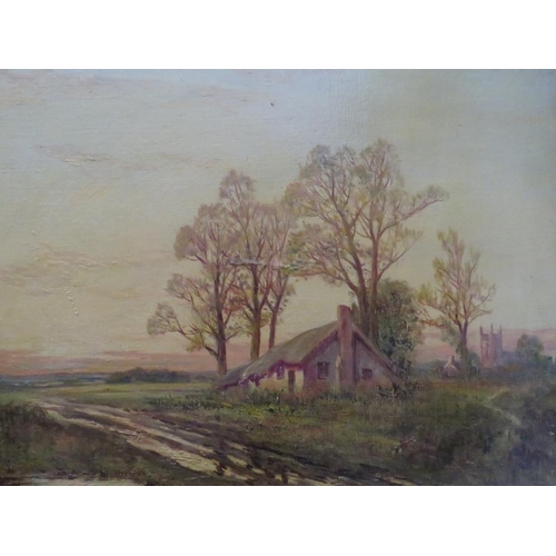 91 - (XIX-XX). An Autumn landscape with cottage and church, indistinctly signed lower right, oil on canva... 