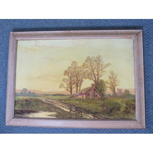 91 - (XIX-XX). An Autumn landscape with cottage and church, indistinctly signed lower right, oil on canva... 