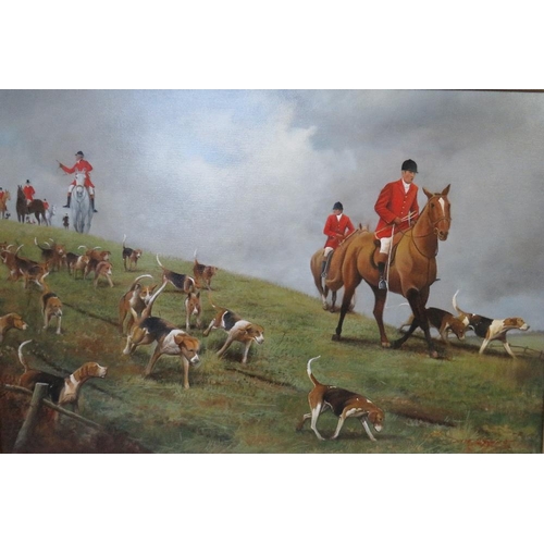 96 - DEREK SHAPIRO (XX-XXI). A hunt in progress, signed lower right, oil on canvas, gilt framed, 49 x 74 ... 