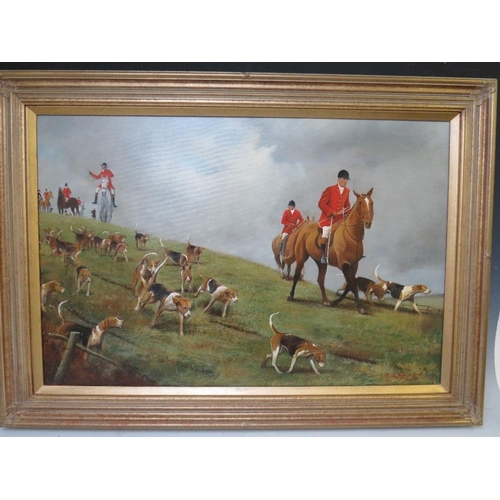 96 - DEREK SHAPIRO (XX-XXI). A hunt in progress, signed lower right, oil on canvas, gilt framed, 49 x 74 ... 