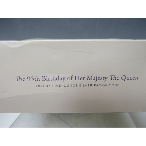 223 - ROYAL MINT 2021 QUEEN ELIZABETH 95TH BIRTHDAY SILVER PROOF 5oz £10 COIN, in case of issue, with C.O.... 