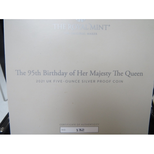 223 - ROYAL MINT 2021 QUEEN ELIZABETH 95TH BIRTHDAY SILVER PROOF 5oz £10 COIN, in case of issue, with C.O.... 