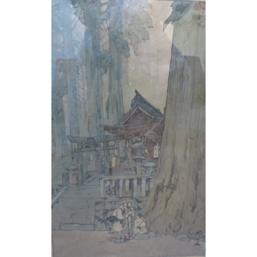 3 - HIROSHI YOSHIDA (1876-1950). Japanese school, wooded landscape with temple and figures, signed in pe... 