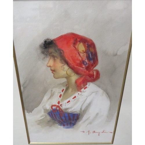 36 - CONTINENTAL SCHOOL (XX). Study of an Eastern girl in a head scarf, signed lower right, watercolour, ... 