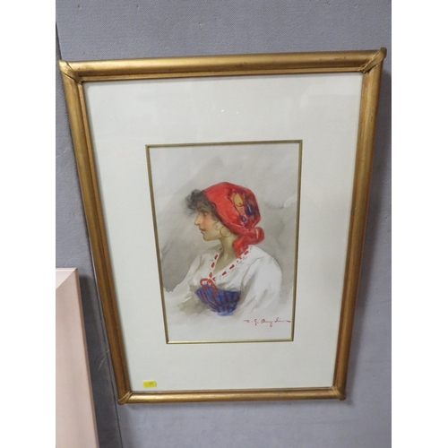 36 - CONTINENTAL SCHOOL (XX). Study of an Eastern girl in a head scarf, signed lower right, watercolour, ... 