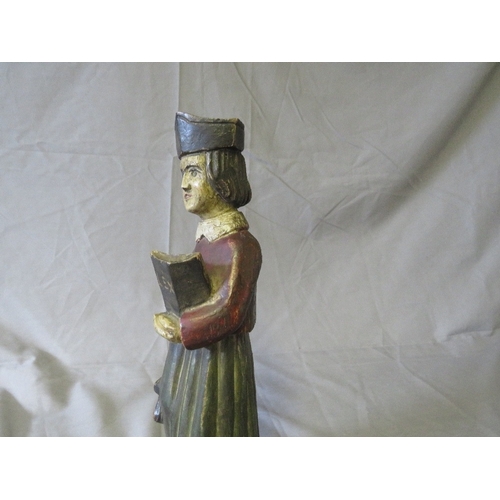 463 - A LATE 18TH / EARLY 19TH POLYCHROMED CARVED WOODEN RELIGIOUS FIGURE, H 30 cm