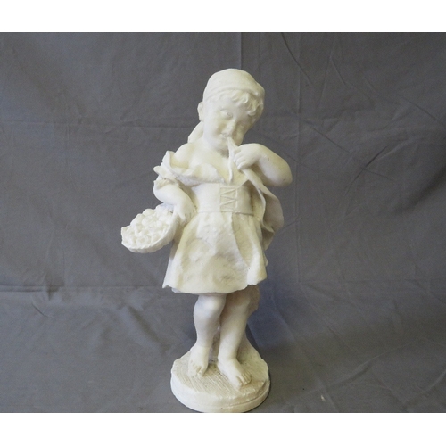 464 - A 20TH CENTURY ALABASTER TYPE FIGURE OF A YOUNG GIRL WITH BASKET OF FLOWERS, H 36 cm