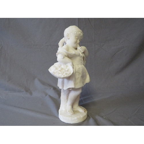 464 - A 20TH CENTURY ALABASTER TYPE FIGURE OF A YOUNG GIRL WITH BASKET OF FLOWERS, H 36 cm