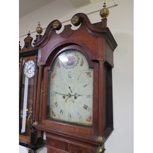 477 - A MID 19TH CENTURY 8 DAY LONGCASE CLOCK, the oak case with mahogany crossbands and swan neck pedimen... 