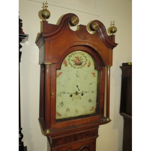 477 - A MID 19TH CENTURY 8 DAY LONGCASE CLOCK, the oak case with mahogany crossbands and swan neck pedimen... 