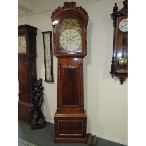 482 - A SCOTTISH 8 DAY LONGCASE CLOCK, the walnut and mahogany case with arched top hood and various boxwo... 