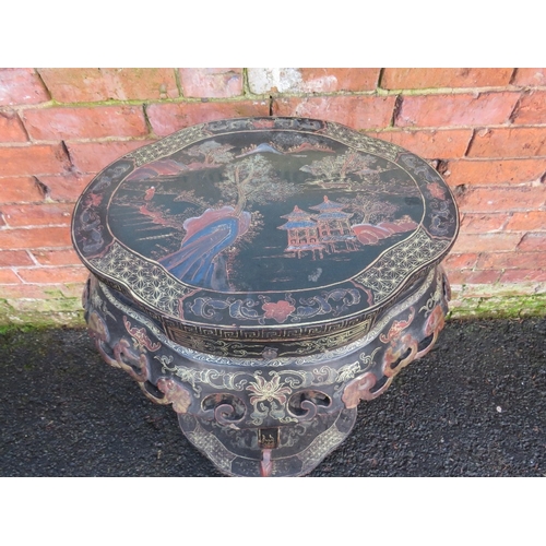 507 - AN ORIENTAL EBONISED TWO TIER JARDINIERE STAND, decorated in typical style with gilt and coloured de... 