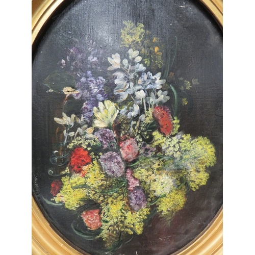 52 - E.MAYER (XVIII-XIX). Continental school oval still life study of a basket of flowers, unsigned, oil ... 