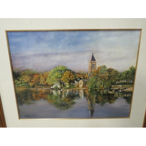 55 - E.J. CAVE. A wooded river scene with church and buildings, signed and dated '99 lower left, oil on c... 