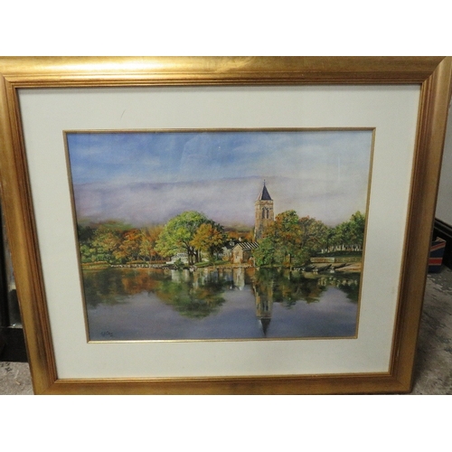 55 - E.J. CAVE. A wooded river scene with church and buildings, signed and dated '99 lower left, oil on c... 