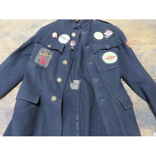 115 - A VINTAGE BLACK 'BEATLES' BLAZER / JACKET, with numerous vintage badges and patches