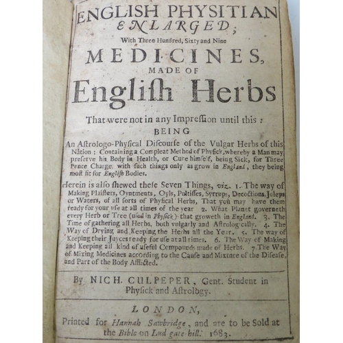 103 - NICH. CULPEPER - 'THE ENGLISH PHYSITIAN ENLARGED with Three Hundred, Sixty and Nine Medicines, made ... 