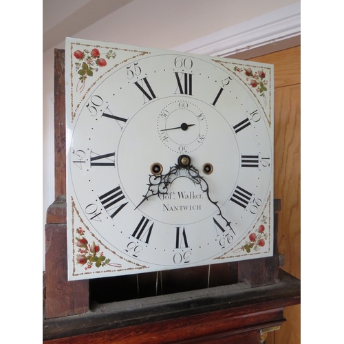 478 - A GEORGE III 8 DAY LONGCASE CLOCK BY JOSEPH WALKER- NANTWICH, the oak case having a painted hood fri... 