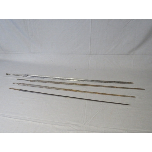 417 - FOUR MISCELLANEOUS SWORD BLADES, one with worn engraved VR cypher, two decorate with horsemen, both ... 