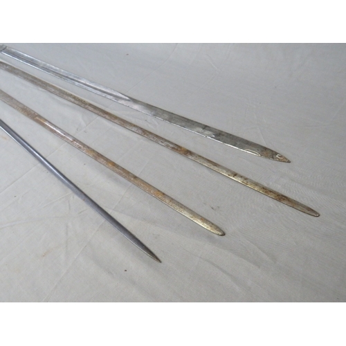 417 - FOUR MISCELLANEOUS SWORD BLADES, one with worn engraved VR cypher, two decorate with horsemen, both ... 