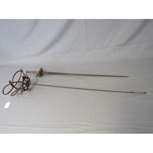 420 - A RAPIER STYLE SWORD WITH HOLLOW TRIANGULAR FORM BLADE, with fancy cast hilt, along with a mortuary ... 