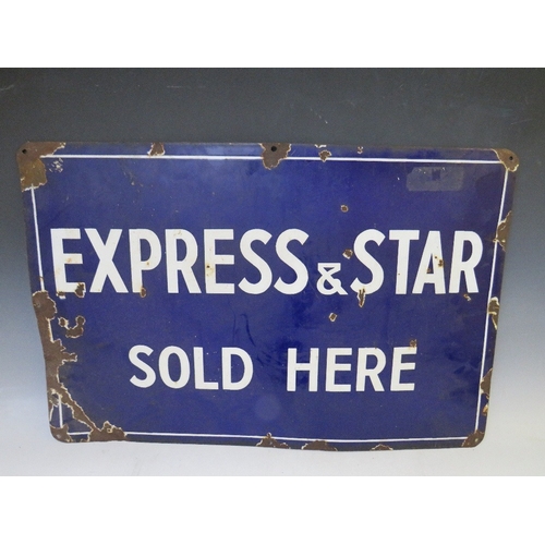 448 - A VINTAGE LOCAL 'EXPRESS & STAR SOLD HERE' BLUE ENAMEL SIGN, 51 x 76.5 cm