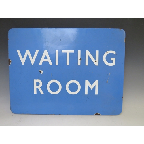 446 - A VINTAGE BRITISH RAIL BLUE 'WAITING ROOM' ENAMEL SIGN, 46 x 71 cm