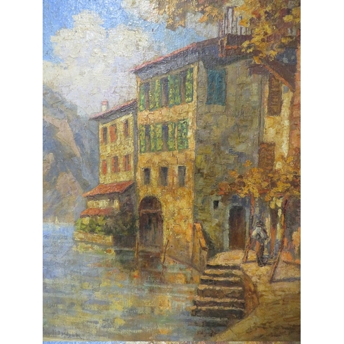 51 - A LATE 19TH / EARLY 20TH CENTURY CONTINENTAL SCHOOL IMPRESSIONIST COASTAL VILLAGE SCENE WITH FIGURES... 