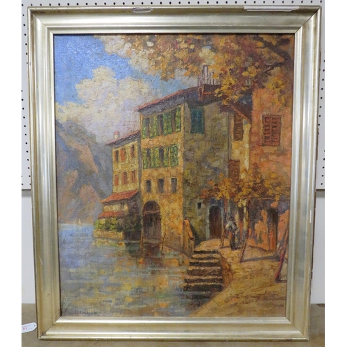 51 - A LATE 19TH / EARLY 20TH CENTURY CONTINENTAL SCHOOL IMPRESSIONIST COASTAL VILLAGE SCENE WITH FIGURES... 