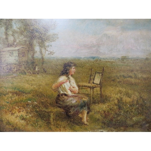 53 - (XIX-XX). Wooded landscape with young girl in gypsy camp, unsigned, oil on board, framed, 23 x 30 cm