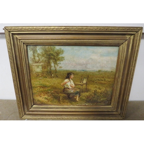 53 - (XIX-XX). Wooded landscape with young girl in gypsy camp, unsigned, oil on board, framed, 23 x 30 cm