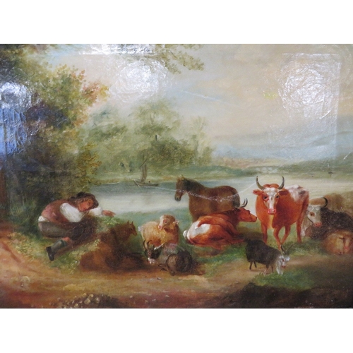 65 - AN 18TH CENTURY WOODED RIVER LANDSCAPE, with figure, sheep, goats, cattle and horse, farmstead and h... 