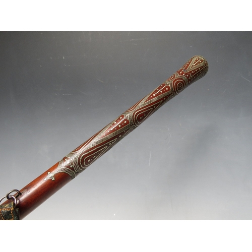 471 - A 19TH CENTURY WALKING CANE WITH SILVER PIQUE WORK DECORATION TO THE UPPER SECTION, overall L 87 cm