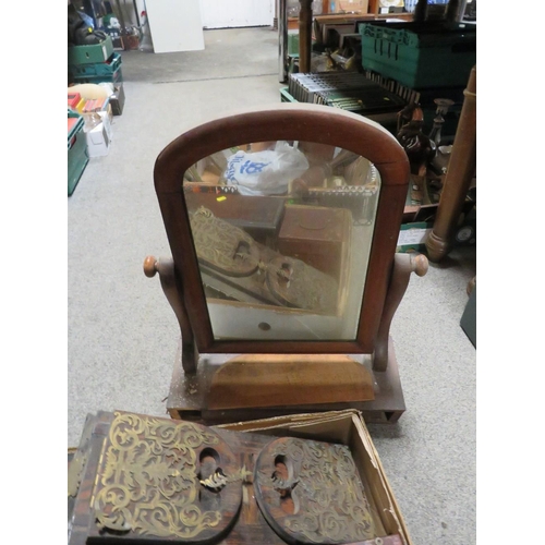 170 - A TRAY OF ASSORTED TREEN TO INCLUDE A BOOK SLIDE, TOGETHER WITH ANOTHER TRAY TO INCLUDE A MIRROR ETC