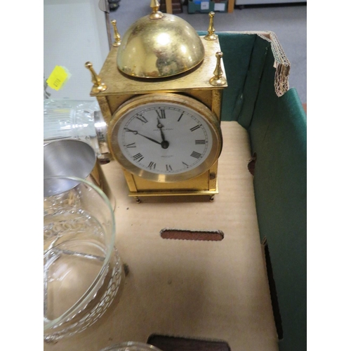 183 - A TRAY OF ASSORTED SILVER PLATE AND METAL WARE TO INCLUDE A BRASS EFFECT CLOCK