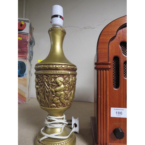 186 - A MODERN RADIO TOGETHER WITH TWO LAMPS TOGETHER WITH A JARDINIERE STAND