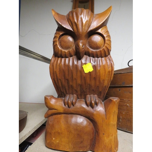 187 - A LARGE BAROMETER , LARGE WOODEN OWL AND A VINTAGE TIN HAT BOX