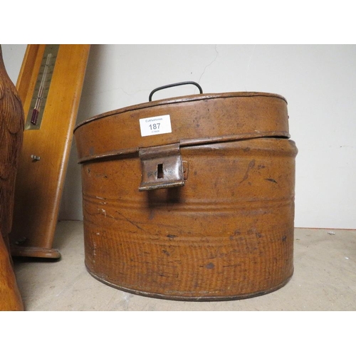 187 - A LARGE BAROMETER , LARGE WOODEN OWL AND A VINTAGE TIN HAT BOX