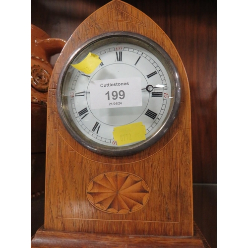 199 - AN EDWARDIAN OAK INLAID MANTEL CLOCK