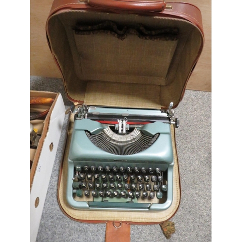 214 - A QUANTITY OF COLLECTABLES TO INCLUDE CARVING SET, HOLY BIBLE, TYPEWRITER RECORDS ETC