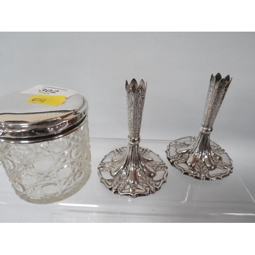 302 - A COLLECTION OF SIX HALLMARKED SILVER DRESSING TABLE ITEMS TO  INCLUDE BUD VASES