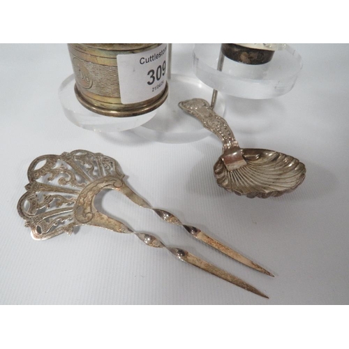 309 - A HALLMARKED SILVER CADDY SPOON - NEWCASTLE 1874, probable repair to heal, together with a hallmarke... 