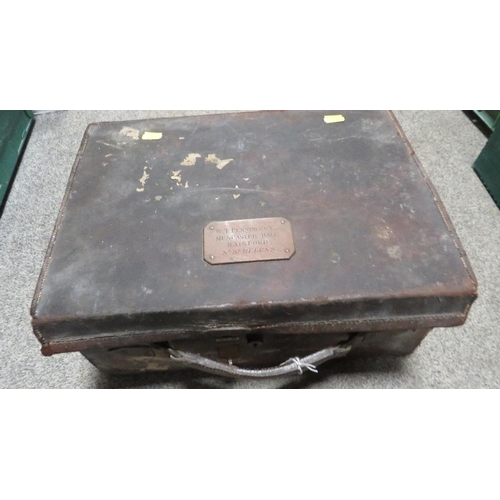 167 - A VINTAGE SUITCASE WITH NAME PLAQUE FOR  W.T PENNINGTON - MUNCASTER HALL, RAINFORD, NEAR ST. HELENS