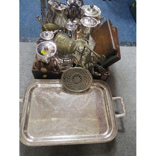 171 - A TRAY OF ASSORTED METAL WARE ETC TO INCLUDE A GALLERY TRAY