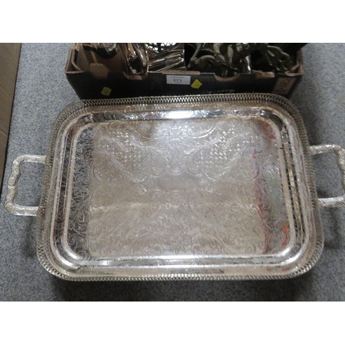 171 - A TRAY OF ASSORTED METAL WARE ETC TO INCLUDE A GALLERY TRAY